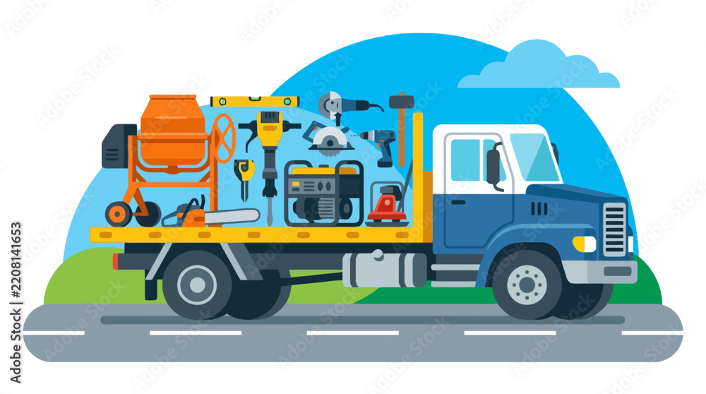 Obraz premium A flatbed truck carries various construction tools on the road