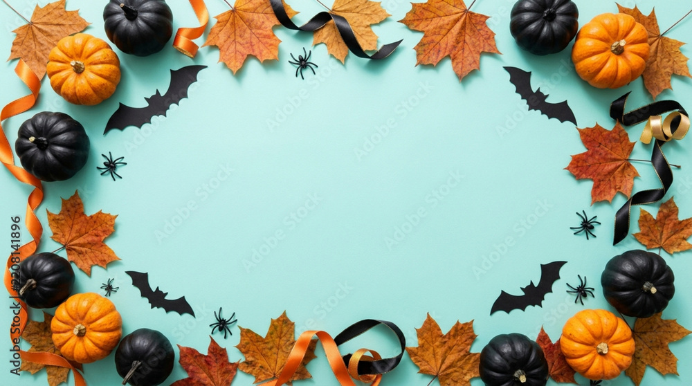 Fototapeta premium Halloween Frame: Pumpkins, Bats, Leaves, Spiders on Teal Background