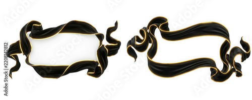 Two elegant black silk ribbons with gold edges isolated on transparent background