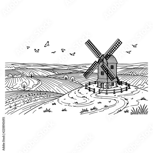 Traditional windmill standing in a rural landscape