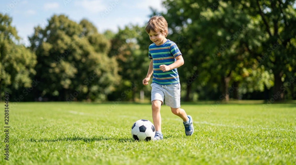 Obraz premium Young Boy Playing Soccer in a Sunny Park