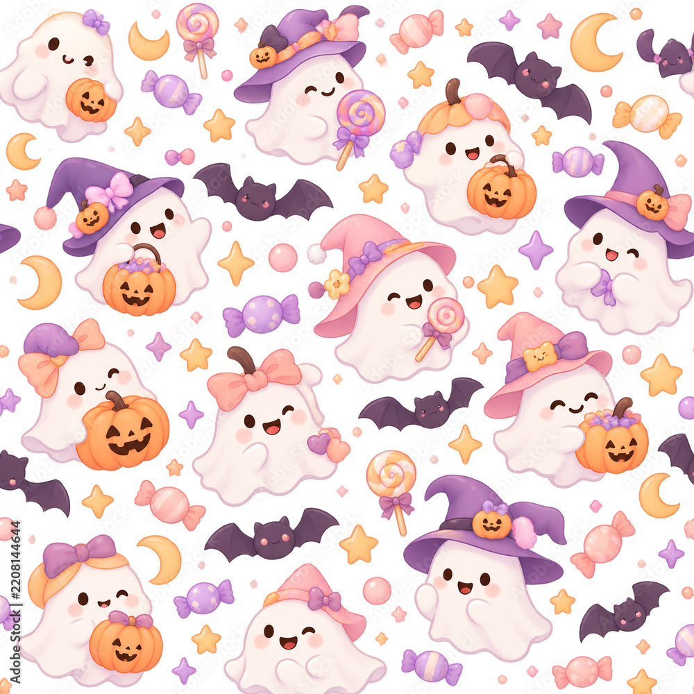 Obraz premium Cute Kawaii Ghost Halloween Seamless Pattern with Pastel Witch Hats, Pumpkins, Bats, and Candies. Adorable Spooky Aesthetic Illustration Isolated on Transparent Background for Textile and Wallpaper.