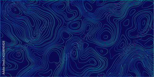 Abstract topographic contour map in shades of blue, representing geographical elevation with intricate, flowing lines on a dark navy background.