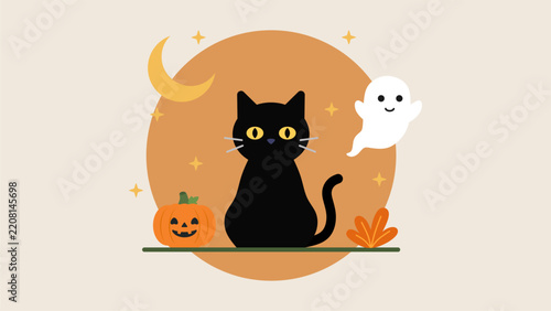 Halloween black cat with pumpkin flat design vector illustration. halloween cat featuring cute spooky illustrations and magical elements, expressive magical artwork. Vector illustration