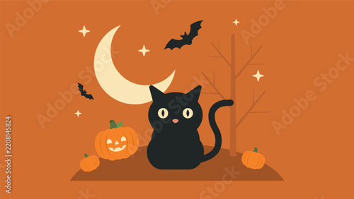 Halloween black cat with pumpkin flat design vector illustration. halloween cat featuring cute spooky illustrations and magical elements, expressive magical artwork. Vector illustration