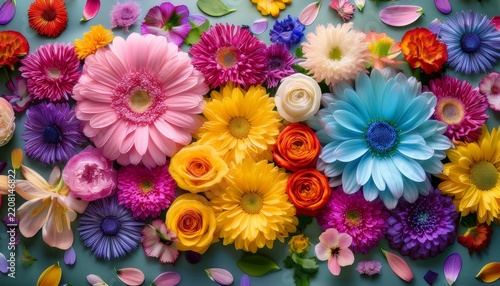 variety of blooming colorful flowers and petals creating a beautiful floral display on background