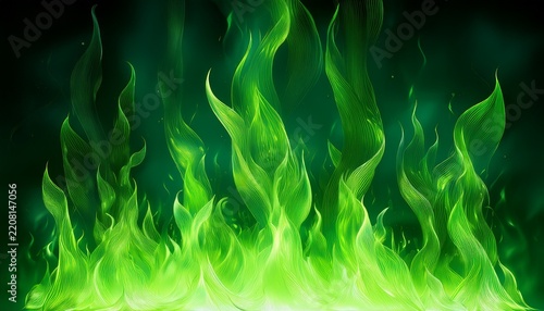 vivid green fire flames rising from bottom on a dark background on background