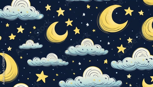 whimsical seamless pattern featuring crescent moon twinkling stars and fluffy clouds on a dark night background ideal for nursery wallpaper textile prints and celestial bedroom decor