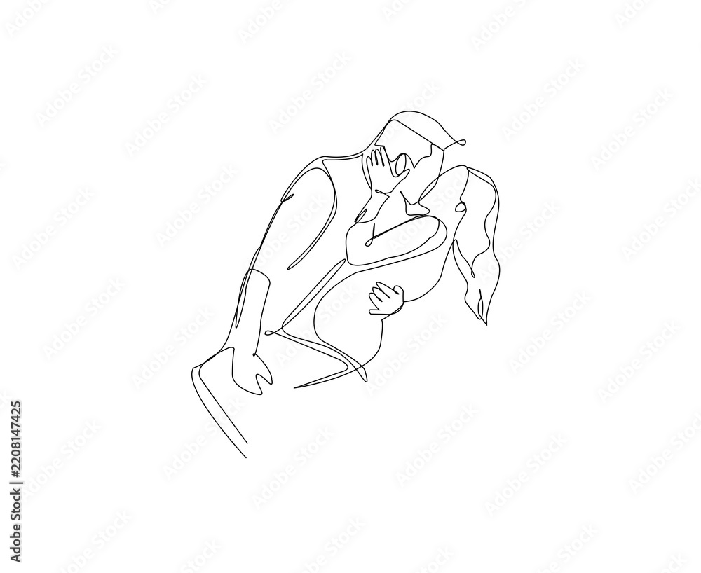 Fototapeta premium Continuous line drawing depicts a couple engaged in an intimate embrace.