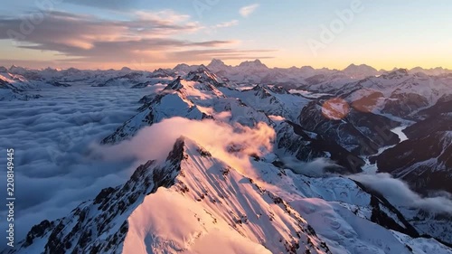Aerial view of snow-capped Alpine peaks above sea of clouds at golden sunrise