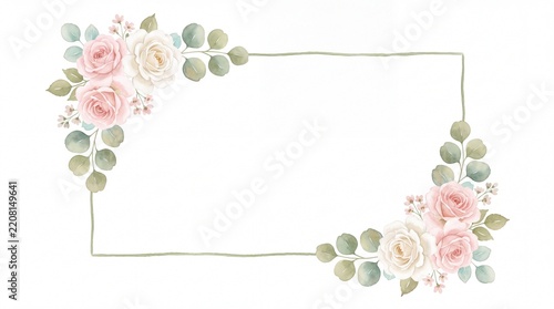 Delicate Watercolor Floral Frame Featuring Soft Pink and Cream Roses with Eucalyptus Leaves, Ideal for Wedding Invitations, Greeting Cards, and Elegant Design Projects