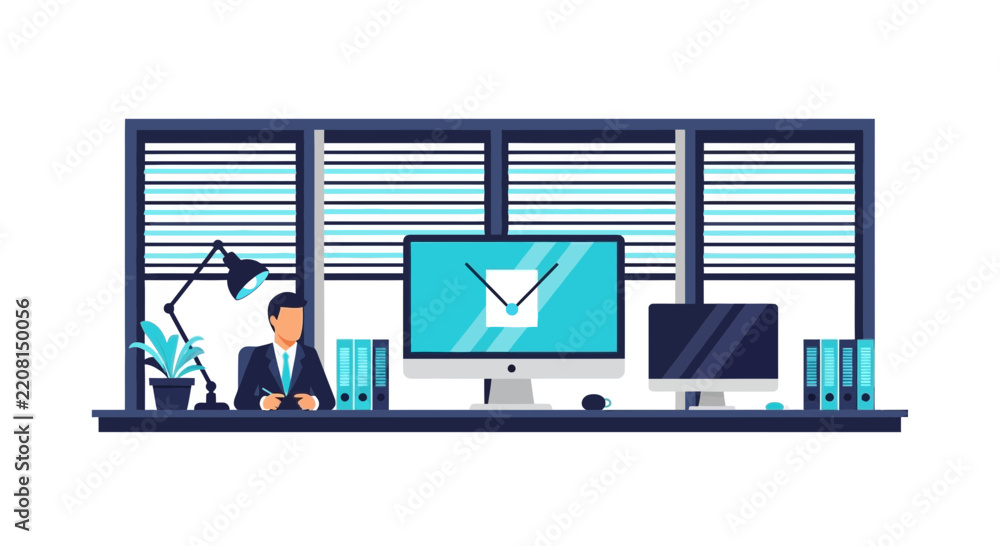 Obraz premium Businessman Working at Modern Office Workstation Flat Vector Illustration