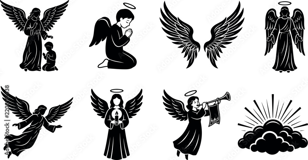 Fototapeta premium Set of black and white angel silhouettes featuring various poses including praying figures, wings, celestial beings, a trumpet player, and divine clouds for religious and spiritual design projects