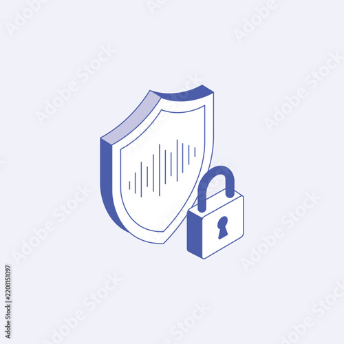 Isometric shield and padlock icon representing cybersecurity protection