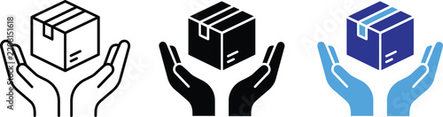 Hands holding cardboard box package safe delivery flat design vector icons illustration set
