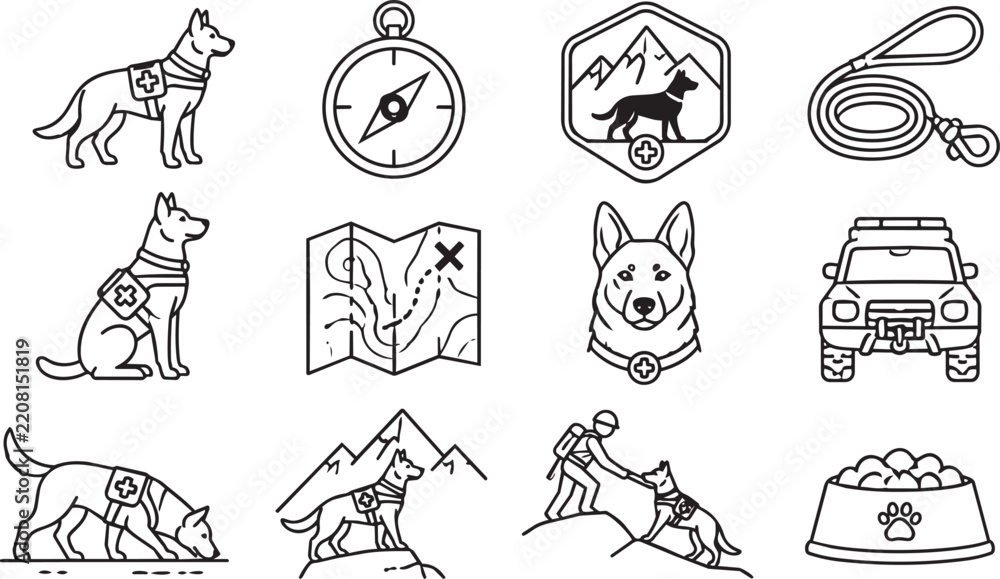 Fototapeta premium Search and rescue dog icon set with mountain equipment