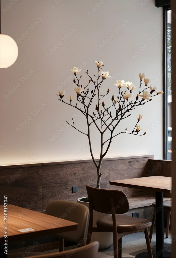 Obraz premium Interior design and minimalist lifestyle, blooming magnolia tree in a modern cafe with wooden furniture and soft ambient lighting for calm atmosphere