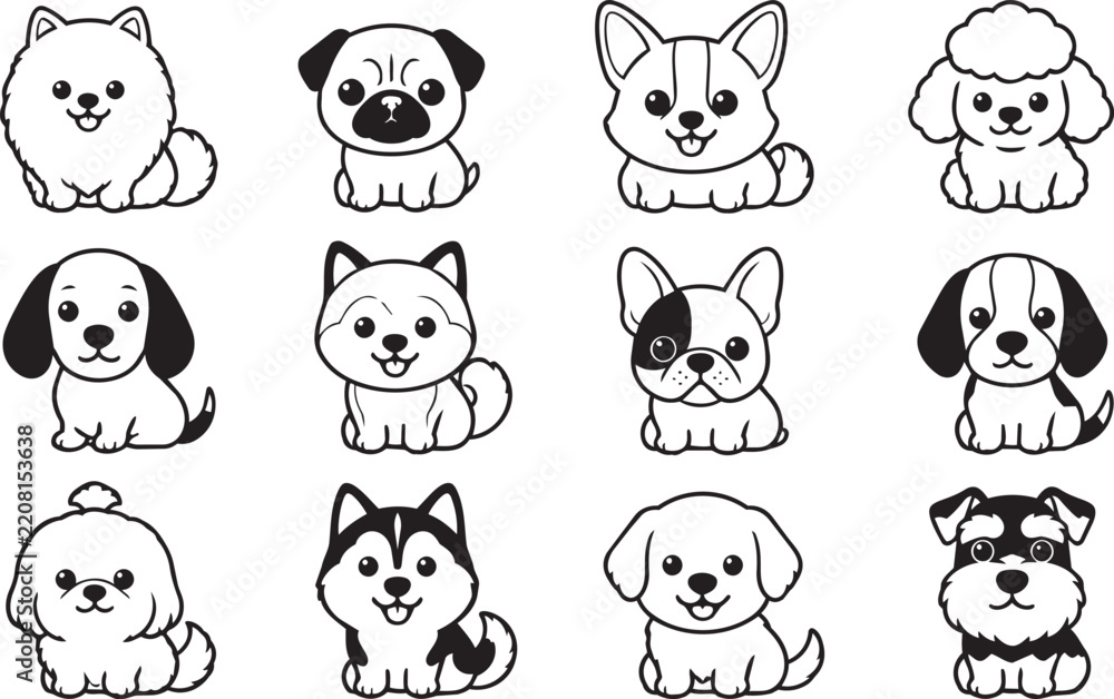 Fototapeta premium Set of cute cartoon dog breeds in line art style
