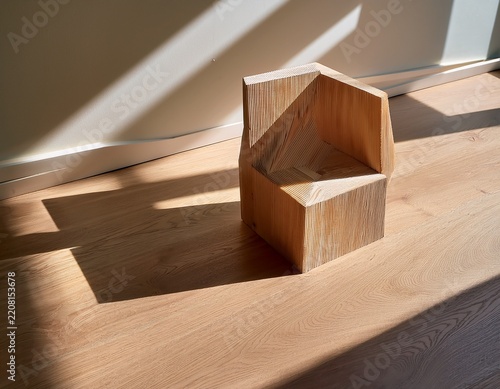 a minimalist wooden geometric structure casts shadows on a light wooden floor alongside a solid beige form