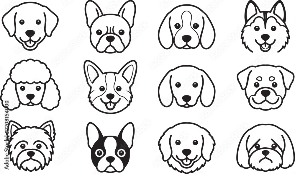 Fototapeta premium Set of cute dog breed head icons in line art