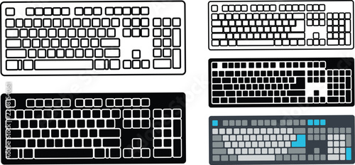 Computer keyboard vector icon set in three styles. Minimal line art, solid pictogram, and flat color design of PC typing keypad input device.