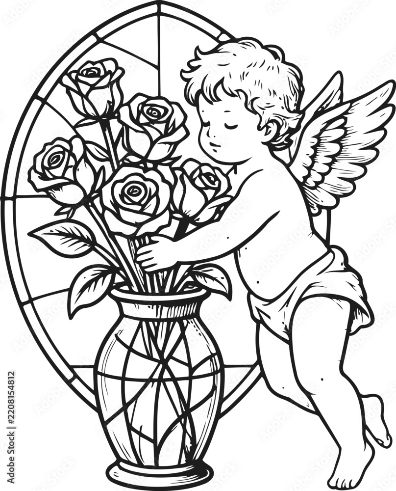 Obraz premium Cherubic angel arranging roses in a vase by stained glass window, vintage line art illustration