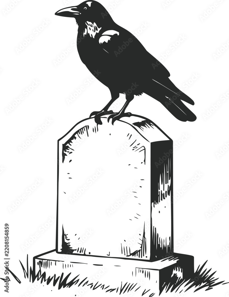 Obraz premium Crow perched on cemetery tombstone black bird silhouette on gravestone with grass halloween spooky gothic symbol of death and mourning