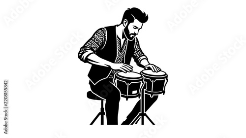 Fotografie Minimalist Black and White Vector Illustration of a Bearded Musician Playing Bon