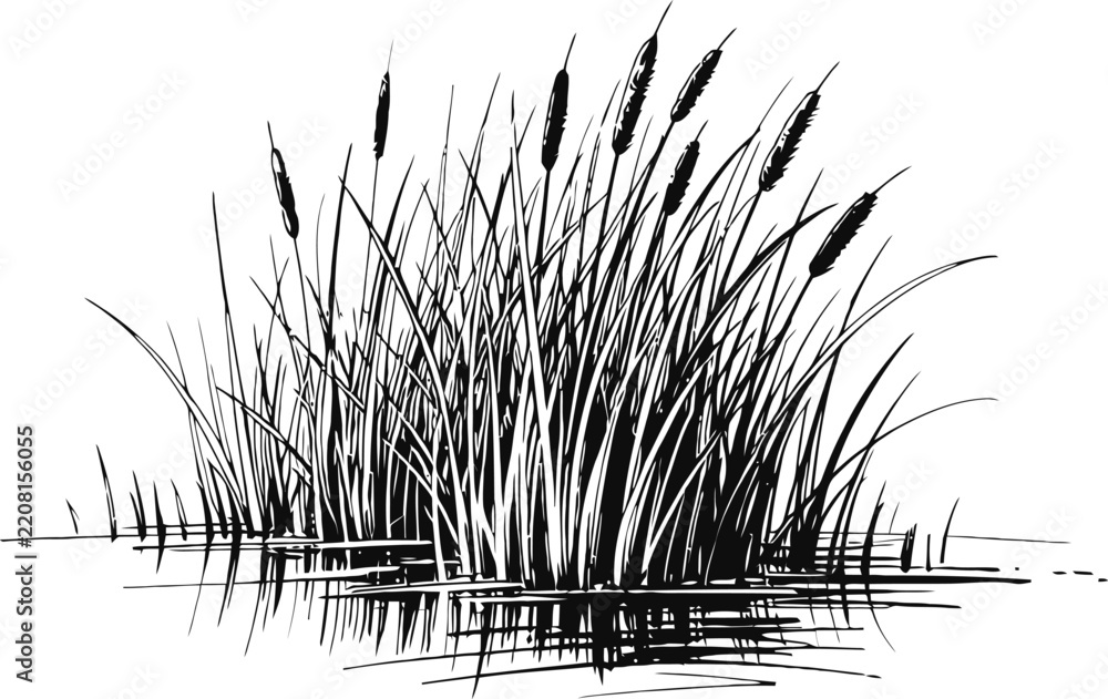 Fototapeta premium cattail plants growing in marshy wetland water with tall grass reeds natural habitat