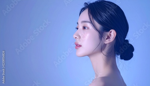 Modern skincare branding portrait Japanese woman copy space white background