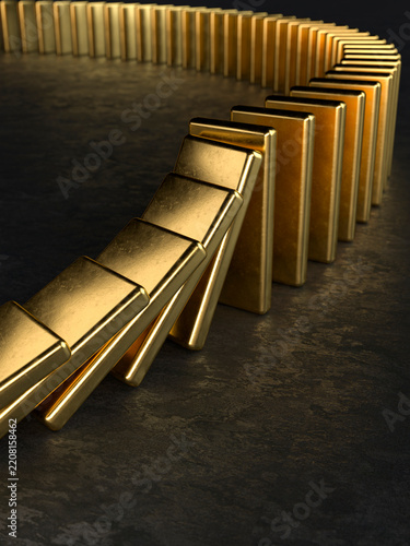 Gold bullion bars falling like dominos representing a financial crisis and economic chain reaction