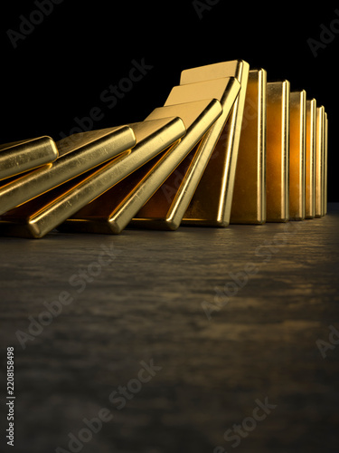 Conceptual gold bullion bars falling like dominos representing a sudden financial market collapse
