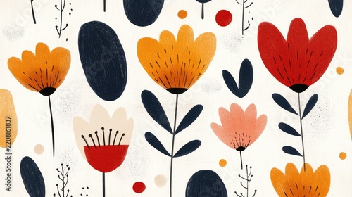 Tulips and wildflowers pattern in orange, navy and red, hand drawn