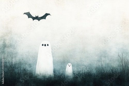 Cute ghosts floating in misty forest with bats at night, Halloween
