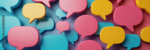 Colorful 3D speech bubbles in pink, yellow, and blue arranged on a textured background. Ideal for social media and communication concepts.