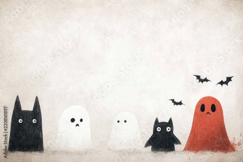 Cute ghosts and black cats with flying bats, Halloween watercolor