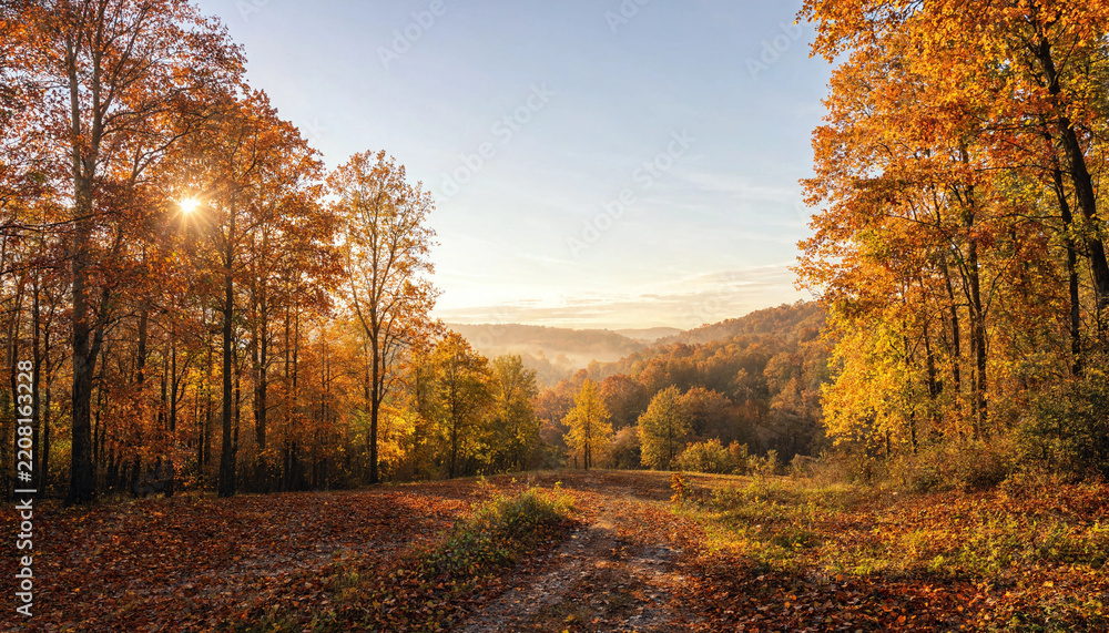 Fototapeta premium Scenic wide angle landscape view of golden autumn forest path with bright sun shining through colorful orange trees foliage during warm fall sunrise for seasonal nature background