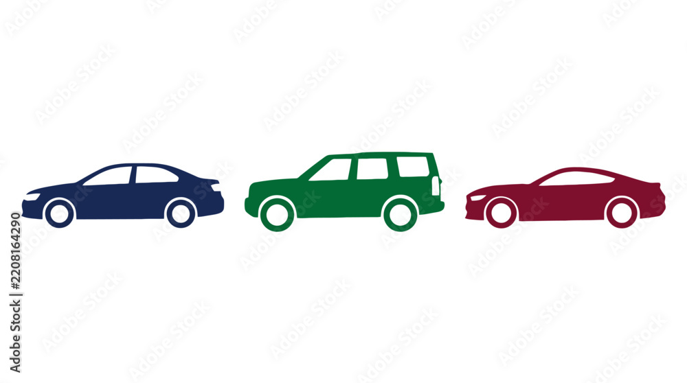 Obraz premium Three colorful vehicle silhouettes are arranged in a horizontal row