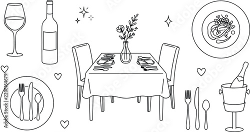Vector line art doodle icon set of restaurant date dinner table setting wine bottle champagne bucket and cutlery