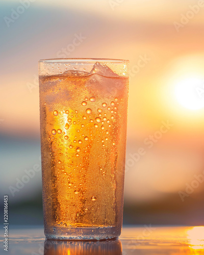 Sunset sparkling iced tea with golden bubbles and glowing horizon