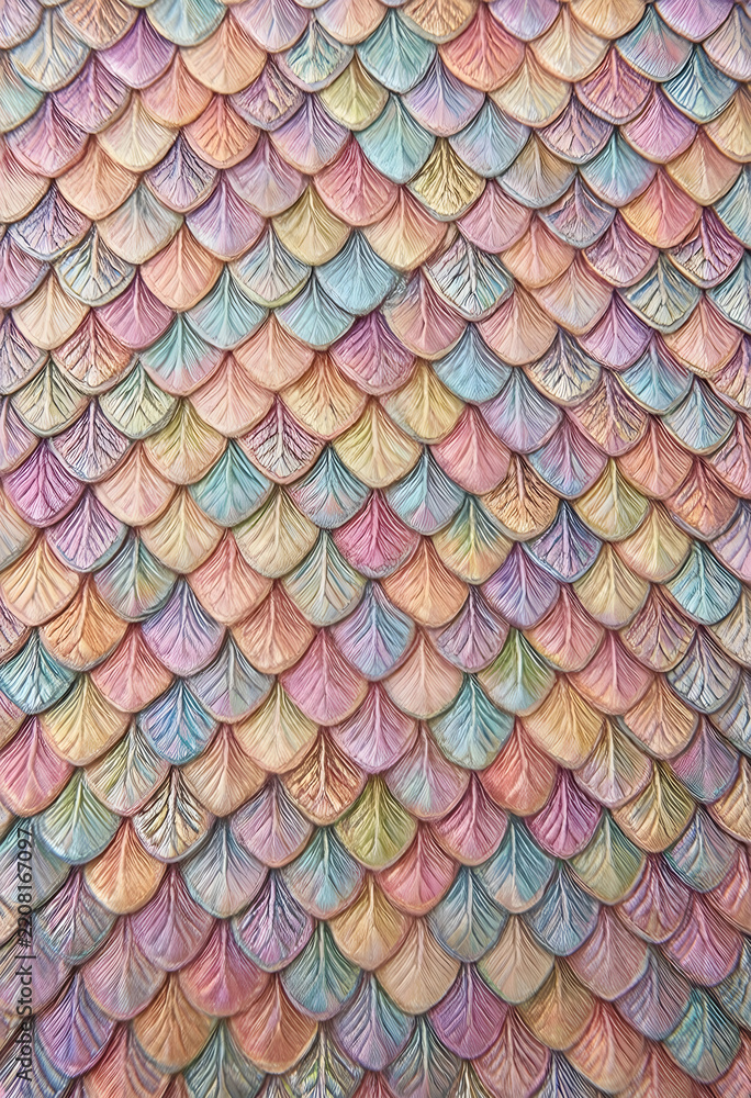 Obraz premium Fantasy and magic background, iridescent mermaid scales texture with pastel colors for whimsical design projects and creative digital surface patterns
