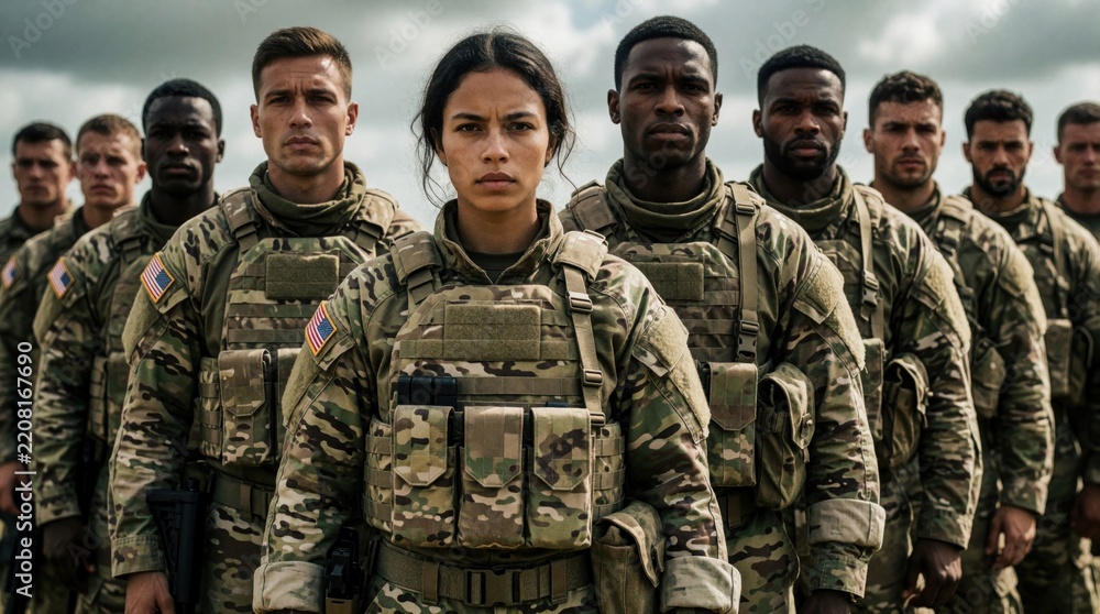 Obraz premium Diverse group of serious soldiers in camouflage uniforms stand in line. Multiracial military personnel show determined faces ready for combat mission. Brave army troops wear tactical gear, protective