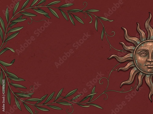 Sun face ornament peeking through leafy wreath on red backdrop