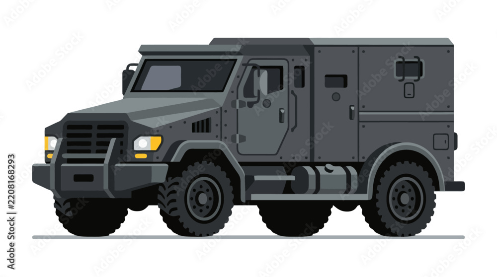 Obraz premium A dark grey armored tactical vehicle stands on white background
