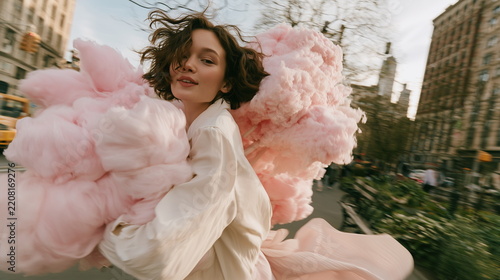Woman carrying large pink cotton candy in a city park