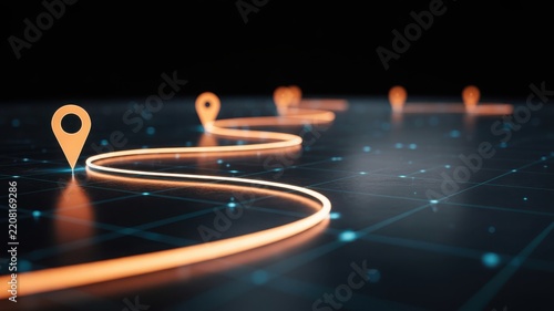 A glowing orange path with map pin markers winds across a dark digital grid under moody lighting. Ideal for navigation and logistics technology concepts.