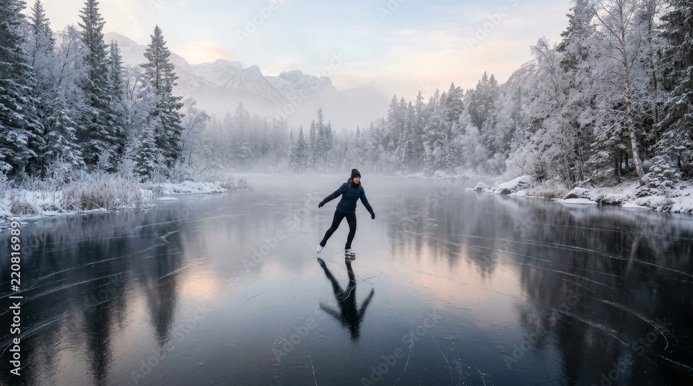 Naklejka premium A woman is ice skating on a frozen lake surrounded by snowy trees.