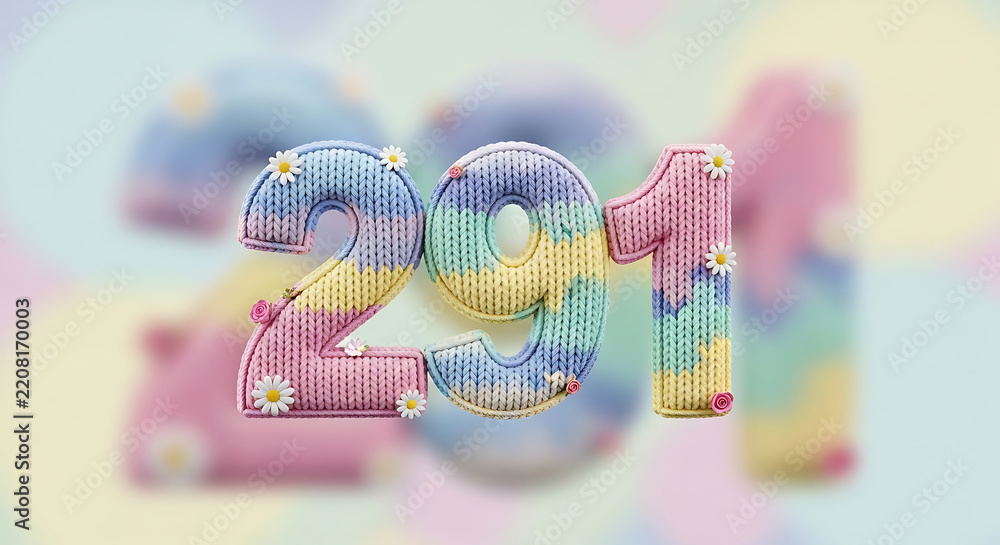 Creative 291 numbers made of knitted texture with flowers and soft pastel background