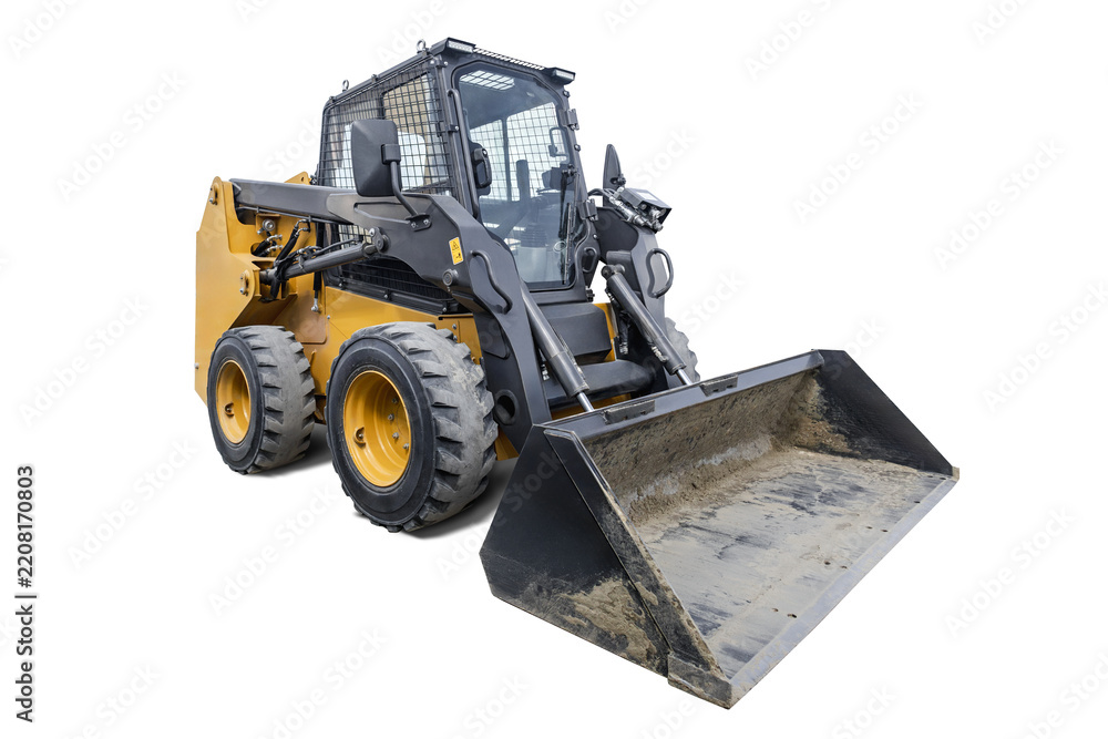 Fototapeta premium A mini loader is positioned on a pure background, showcasing its structure and features without any other objects or people present.