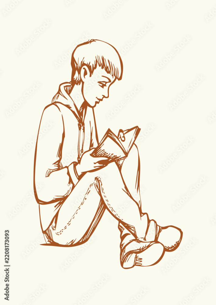 Obraz premium Vector drawing. Boy reading a book